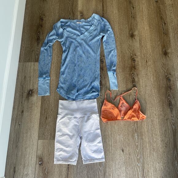 Free People S Sleep Lot 3 Waffle Long Sleeve Bralette Bike Shorts FLAWS - Picture 1 of 15